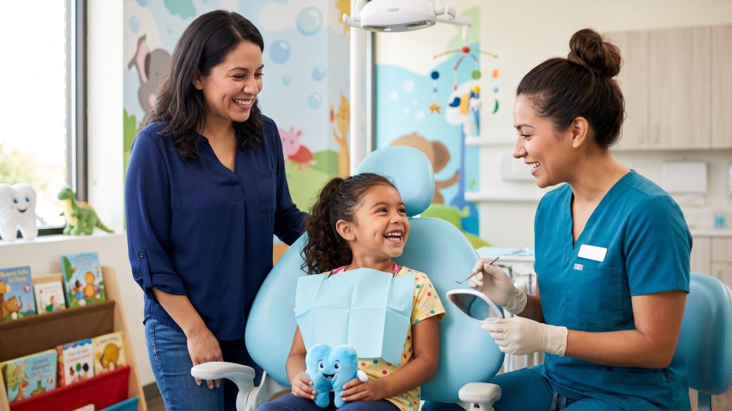 Happy Hispanic child with a parent and pediatric dentist during a dental visit at Happy Kids Pediatric Dentistry.